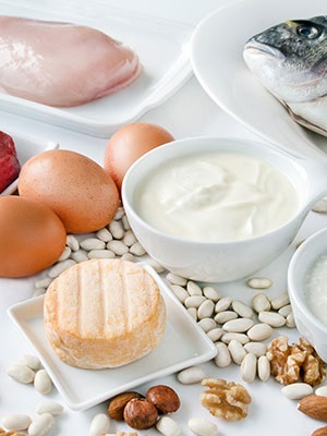 Lebensmittel mit viel Eiweiß: Eier, Käse, Quark, Fisch, Nüsse,Fleisch