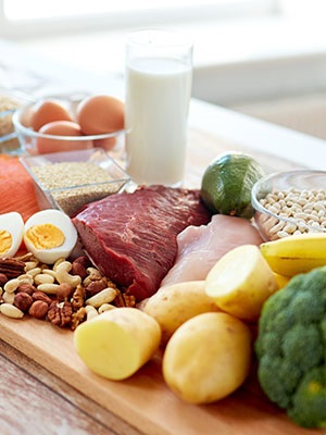 Lebensmittel mit vielen Vitaminen: Brokkoli, Kartoffeln, Milch, Eier. Fleisch