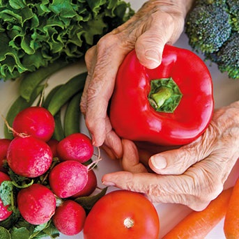 Hände einer älteren Frau halten Paprika umgeben von Gemüse